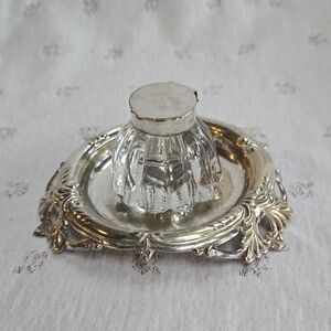 Vintage Elegant Silver and Glass Inkwell with Silver Tray PRICE FIRM